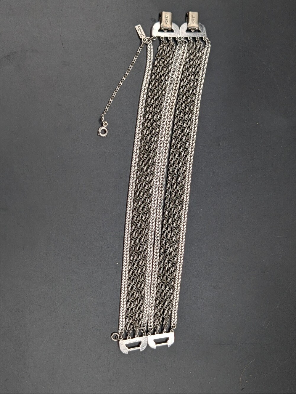 Vintage Monet Silver Tone Multi Strand Chain Cuff Bracelet Double Clasp 7.25"
